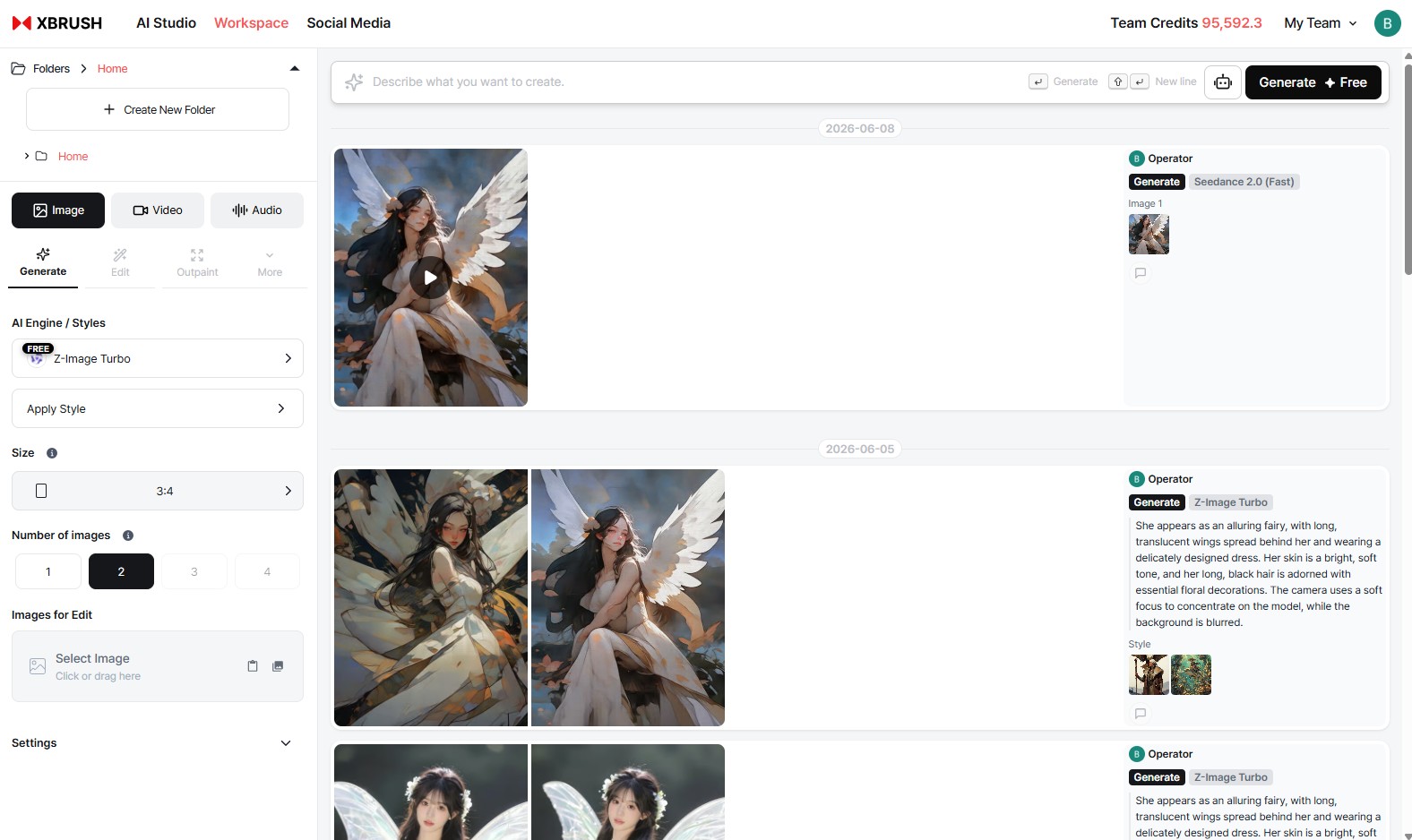 XBRUSH Workspace showing three-panel layout with control panel on the left, prompt input at the top, and results feed on the right