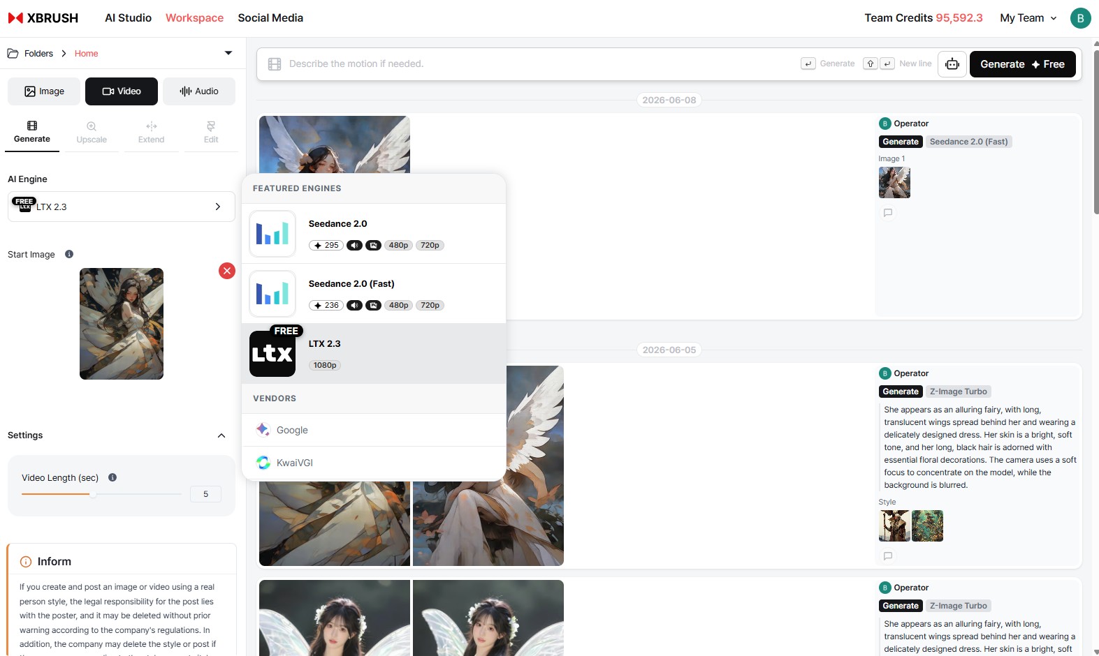 Video tab showing start image upload slot, AI engine selector, and video length slider