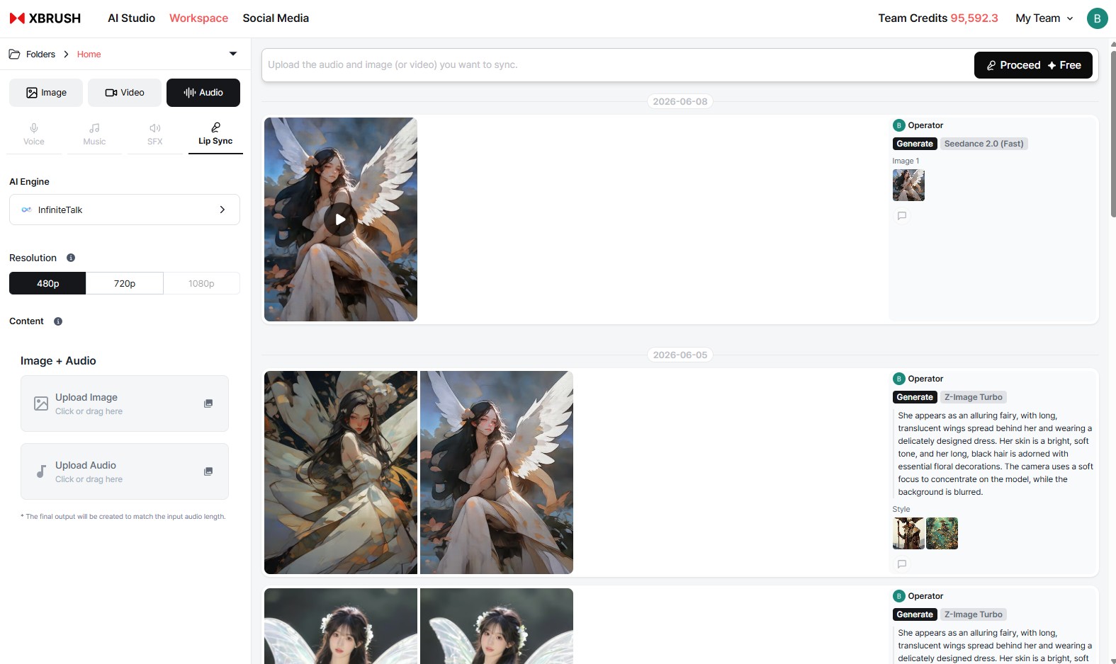 Audio tab with Voice, Music, Sound Effects, and Lip Sync sub-tabs