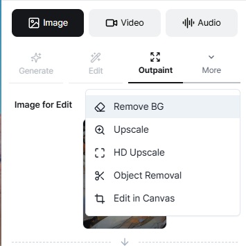 More options dropdown revealing additional image processing modes in the Image tab